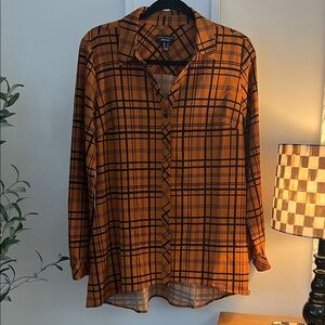 Susan Graver Women's Orange and Black Plaid Button-Down Shirt
